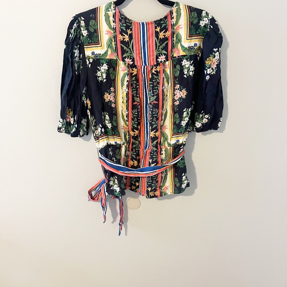 Farm Rio for Anthropologie Tropical Floral Striped Wrap Blouse Navy XL - Picture 3 of 15